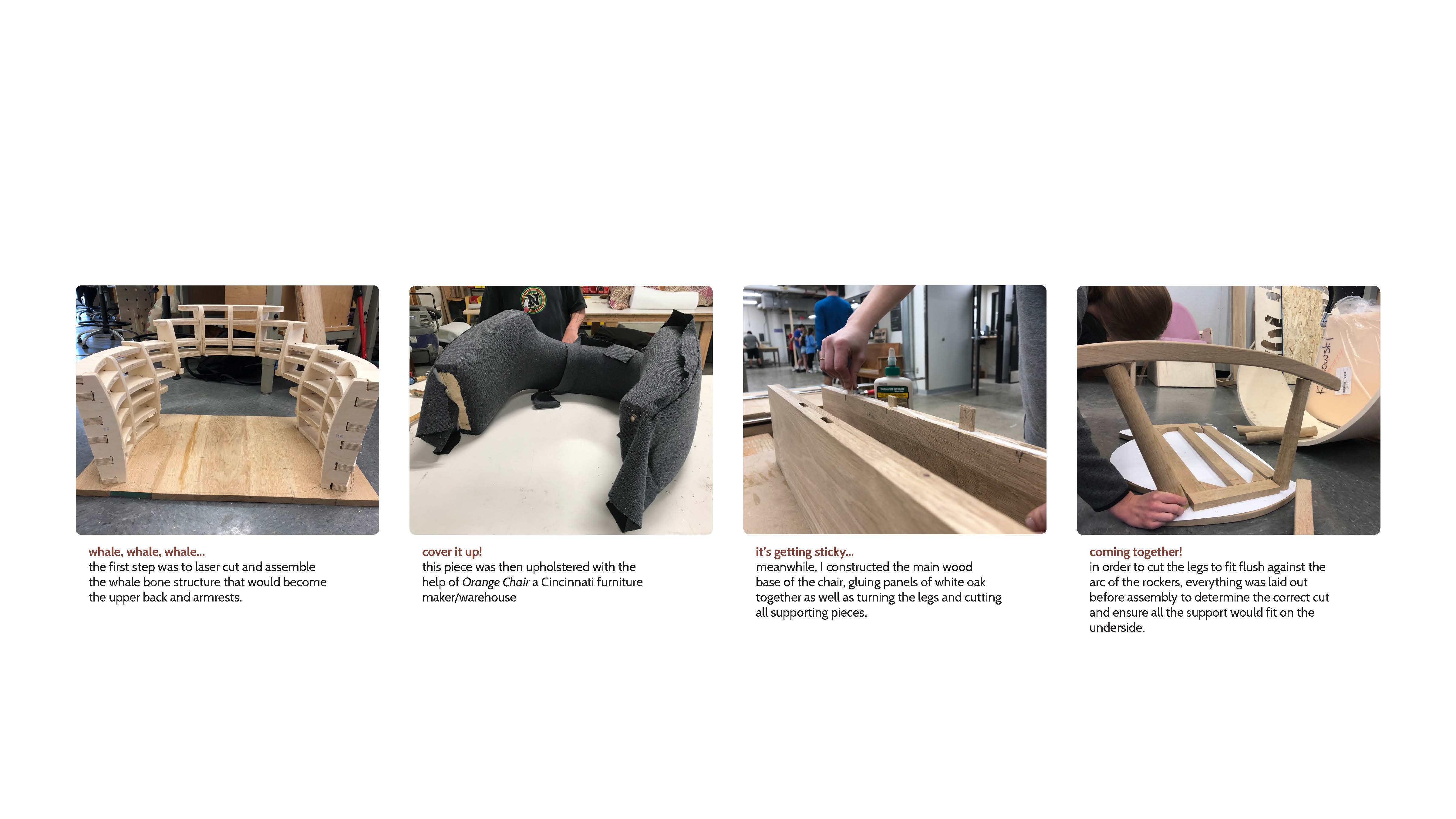 construction of a chair, wooden whalebone structure of chair, chair in the upholstery process, gluing wood panels together, laying out final chair legs