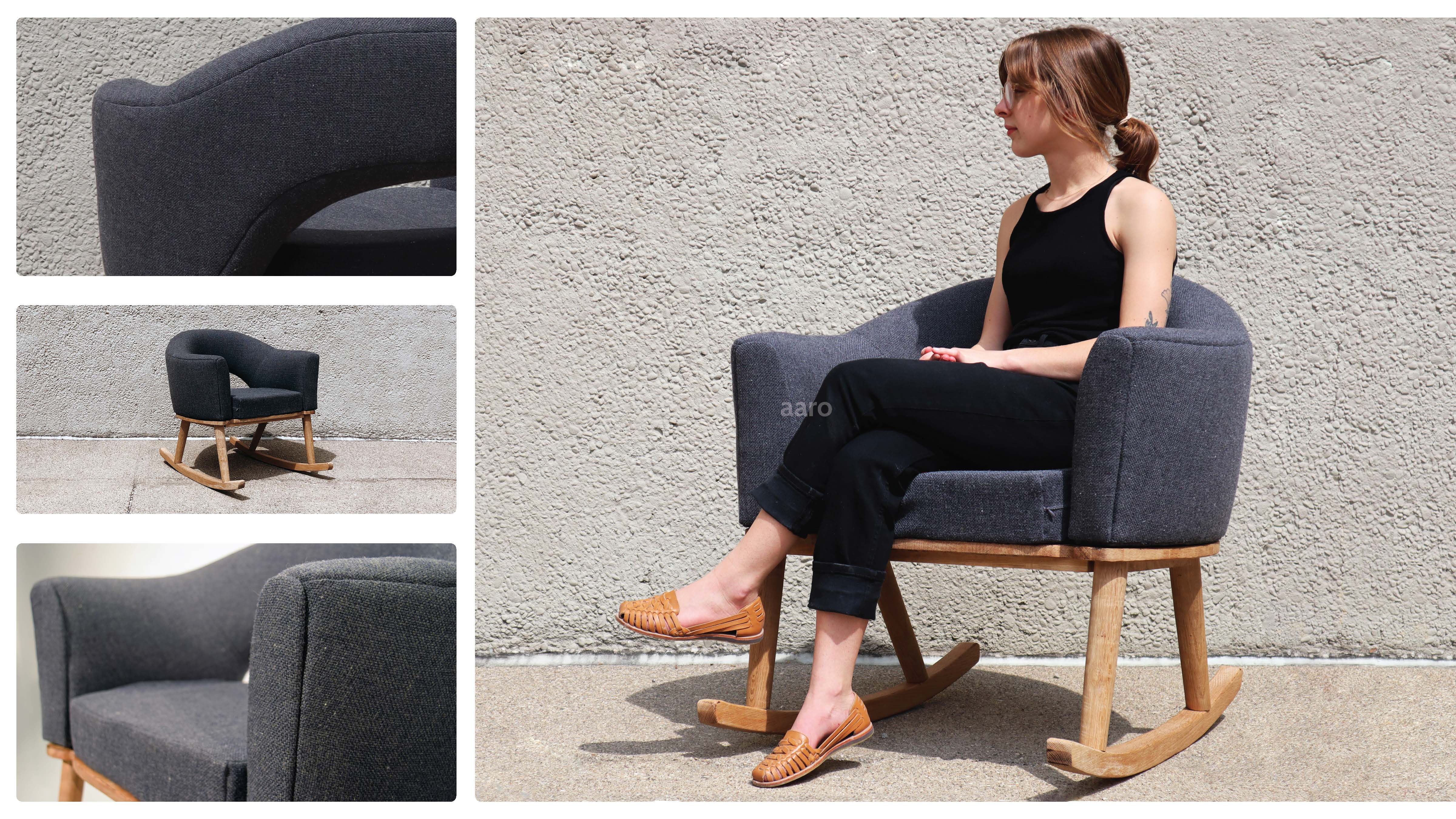 various images of gray maternity rocking chair and a woman sitting in the chair