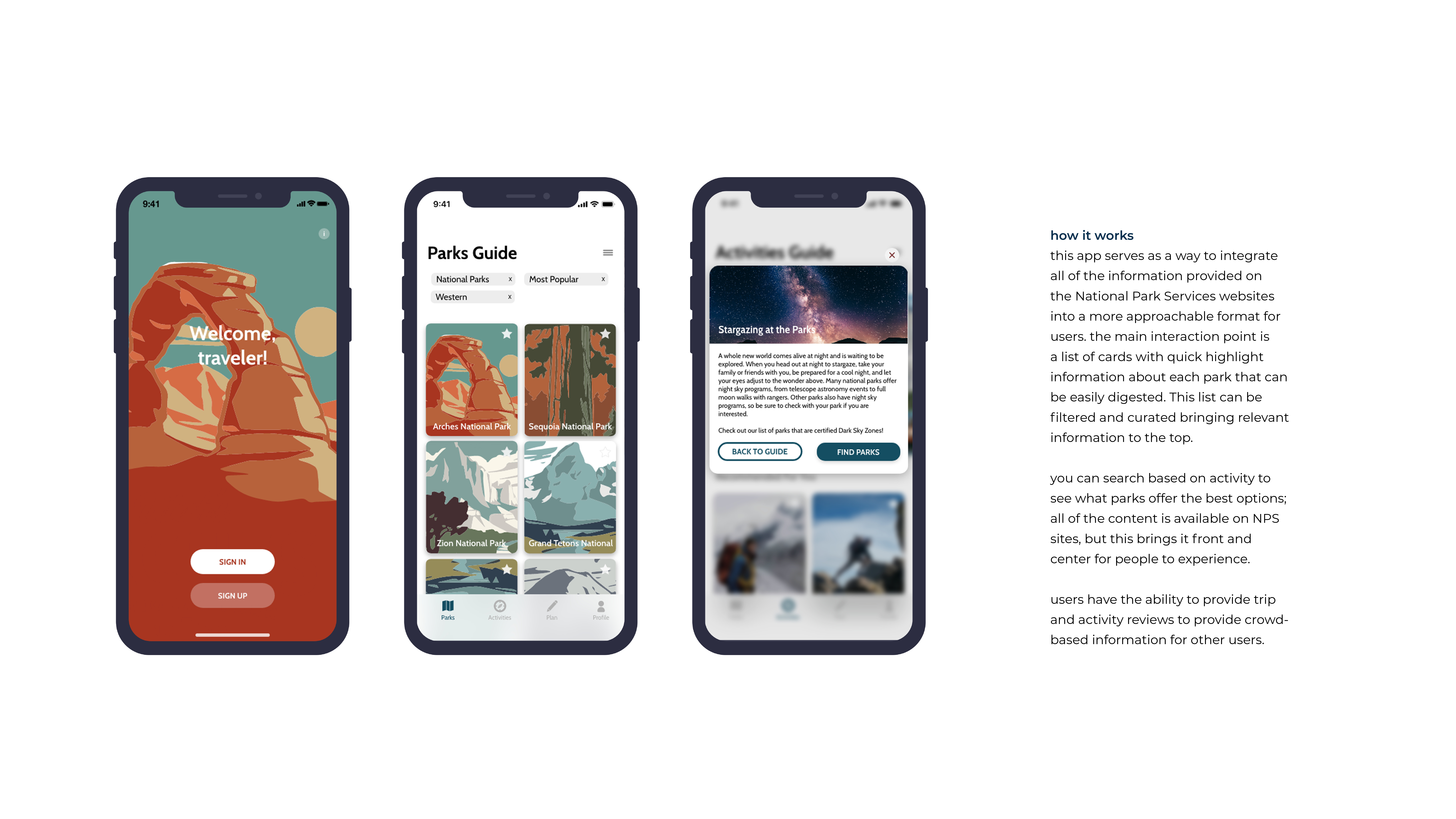 app home screen, parks guide, and a highlight of an activity at national parks